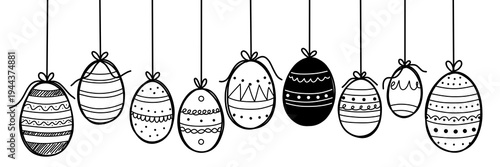 illustration: set of various hanging easter eggs decoration with ribbons isolated on white or transparent png