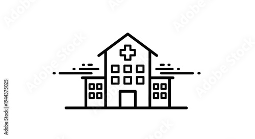 Modern Hospital Building Icon with Cross Symbol, Healthcare Clinic Line Art