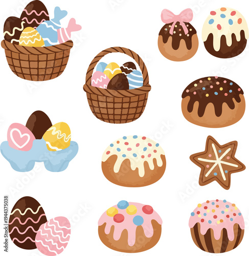 Sweet Easter Celebration Set with Chocolate Eggs, Traditional Cakes, and Wicker Baskets