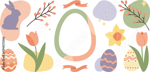 Happy Easter Day and Spring Season Elements Collection with Cute Bunny, Colorful Painted Eggs, Tulips, and Floral Decorations on White Background