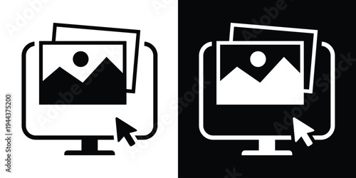 Vector icon of a computer monitor displaying a landscape photo with a mouse cursor arrow. Minimalist UI design for digital photography, image editing, and web browsing.