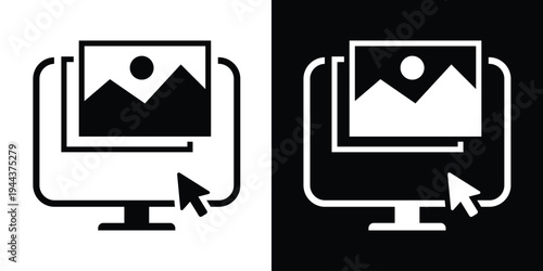 Vector icon of a computer monitor displaying a landscape photo with a mouse cursor arrow. Minimalist UI design for digital photography, image editing, and web browsing.