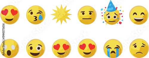 Cute Emoji Faces Collection with Love, Crying, Laughing and Party Expressions Colorful Emoticon Vector Illustration Set