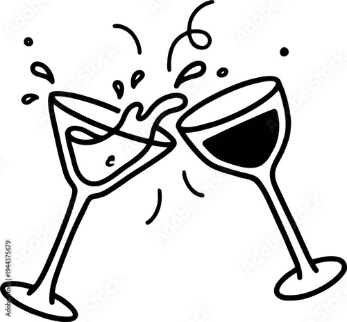 Two wine glasses clinking together in a celebratory toast with spilling liquid Vector