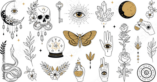 Mystical Boho Symbols Collection with Skull, Moth, Snake, Crystal, Moon and All Seeing Eye Line Art Vector Illustration Set