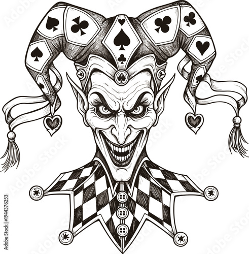 Evil Joker Jester Head with Playing Card Hat Vintage Engraving Style Vector Illustration for Gambling, Casino, Card Game, and Dark Fantasy Design