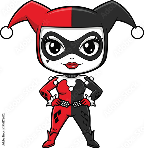 Cute Female Jester Clown Cartoon Character in Red and Black Costume with Mask and Hat, Playful Harlequin Mascot Vector Illustration for Comic and Fantasy Design