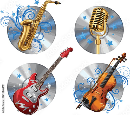 Musical Instruments Icon Set with Saxophone, Retro Microphone, Electric Guitar, and Violin on Decorative Star Backgrounds for Music, Concert, and Entertainment Design