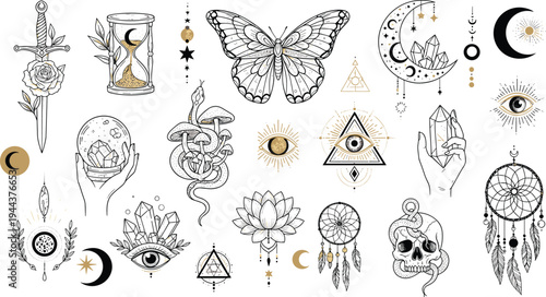 Mystical Occult Symbol Collection with Skull, Butterfly, Crystal, Moon and All Seeing Eye Esoteric Line Art Vector Set
