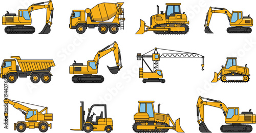 Construction Heavy Equipment Collection with Excavator, Bulldozer, Crane, Dump Truck and Forklift Vector Illustration Set
