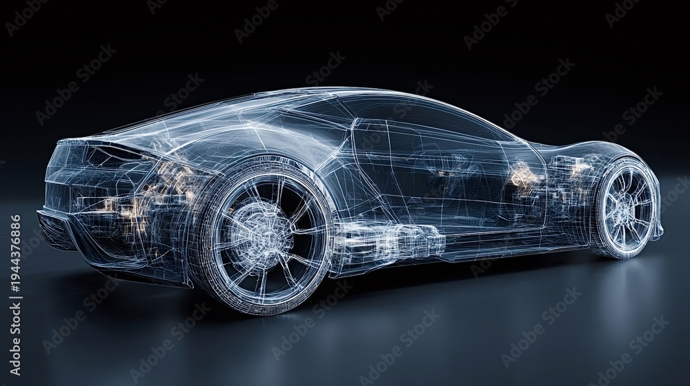 Naklejka premium Futuristic car blueprint rendered as a transparent wireframe model, illustrating advanced vehicle technology, engineering development, and electric power within a modern automotive design concept