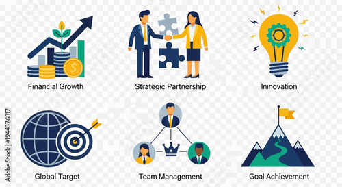 Business strategy and growth concept with financial growth, partnership, innovation, global target, team management, and goal achievement icons