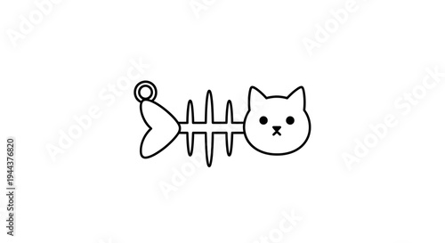 Adorable Feline Head and Fish Skeleton Line Art