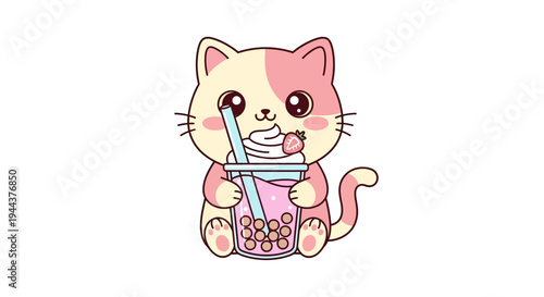 Cute Kawaii Cat Drinking Bubble Tea Illustration