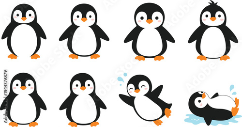 Cute Penguin Character Collection with Different Poses and Expressions Cartoon Arctic Animal Vector Illustration Set