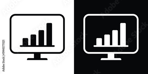 Vector icon of a computer monitor displaying a rising bar graph. Represents business analytics, financial growth, data visualization, and performance tracking in a minimalist style.