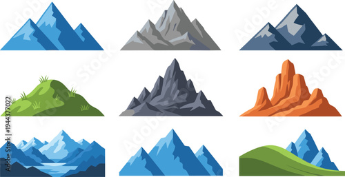 Mountain Landscape Collection with Snowy Peaks, Rocky Cliffs and Green Hills Nature Vector Illustration Set