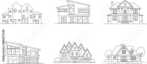 Residential House Line Art Collection with Modern and Classic Home Exterior Outline Vector Illustration Set