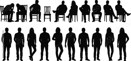 People sitting and standing silhouettes collection showing men and women in different casual poses isolated on white background