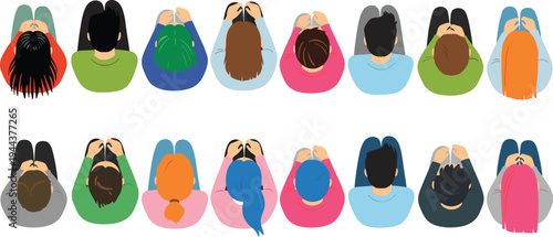 Top View Diverse People Sitting Collection with Different Hairstyles and Clothing Colors Flat Vector Illustration Set