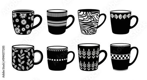 Set of decorative black and white coffee mugs vector illustration eight different patterned cups for hot drinks isolated on white background