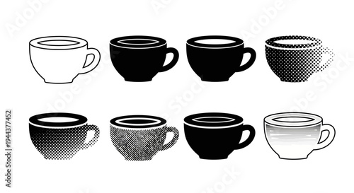 Assorted coffee cups with varied textures and shading effects like halftones and gradients for modern beverage presentations
