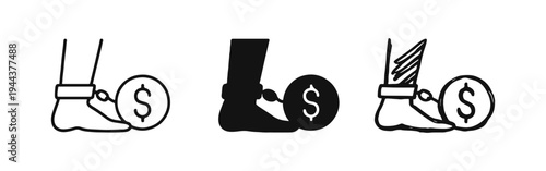 Financial debt and burden icon set, with a dollar coin shackled to an ankle.