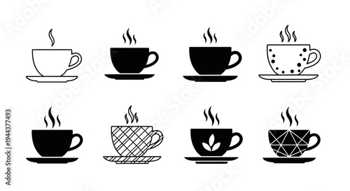 Set of eight stylized coffee and tea cups icons with steam in black and white outline and solid silhouettes