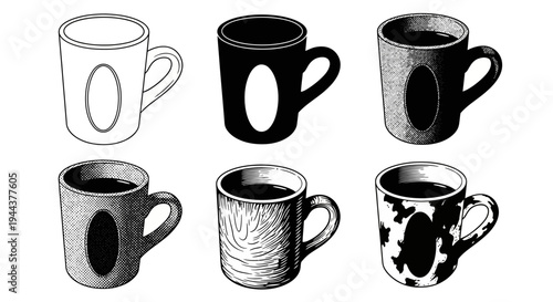 Set of six coffee mugs hand drawn vector illustration in black and white styles isolated on white background for design elements