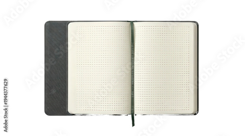 Open blank dotted grid journal with grey cover and green bookmark ribbon isolated on a transparent background