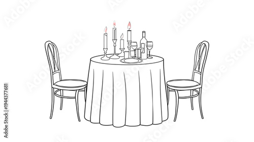 A romantic candlelit dinner setting for two is depicted in a minimalist line art style with subtle pink flames.