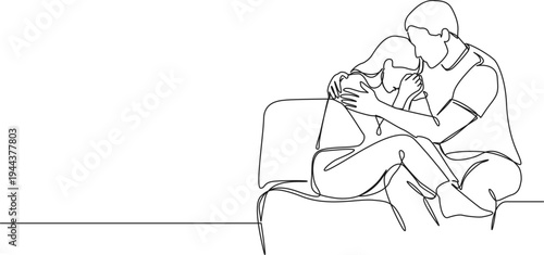 continuous line drawing of man comforting sad woman, line art vector illustration