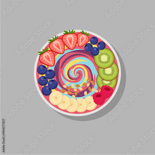 Healthy Swirl Smoothie Bowl with Banana, Strawberry, Kiwi, and Blueberry Illustration