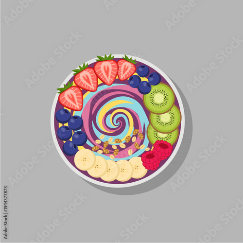 Healthy Swirl Smoothie Bowl with Banana, Strawberry, Kiwi, and Blueberry Illustration
