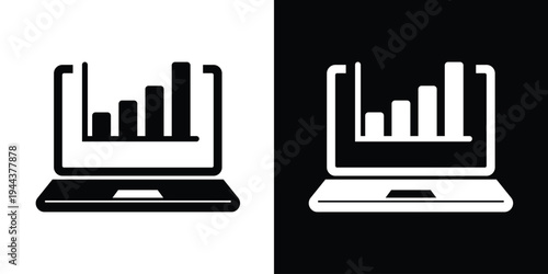 Flat vector icon of a laptop computer screen showing a bar chart. Ideal for mobile business reporting, remote data analysis, and portable financial tracking concepts.