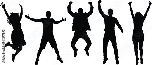 People jumping silhouette collection, happy men and women celebrating success freedom excitement energy joyful lifestyle action concept illustration