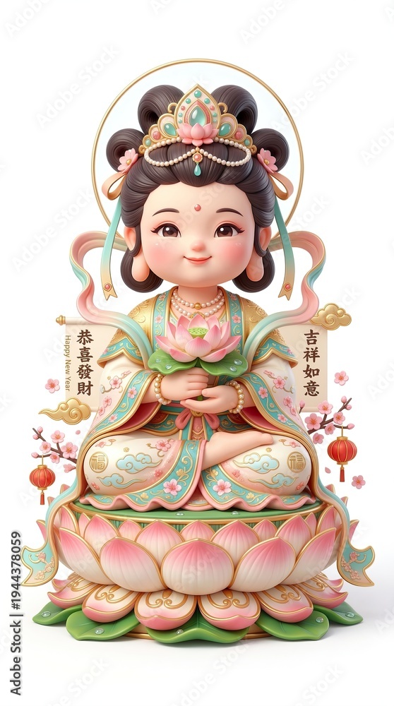 Fototapeta premium Cute Chibi Guanyin Holding Lotus 3D Illustration for Asian Lunar New Year, pure white background