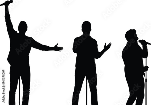 Male singer performing on stage silhouettes set, man holding microphone singing concert music performance isolated on white background