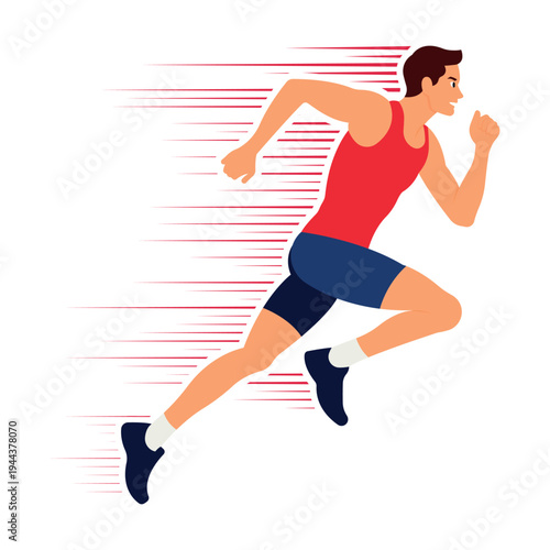 Male athlete or sprinter running at high speed with motion lines.