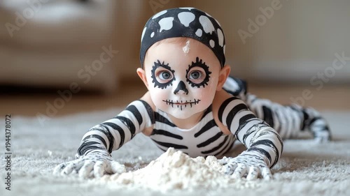 Wallpaper Mural A baby in skeleton costume plays on a rug with white face paint and flour, Halloween theme Torontodigital.ca