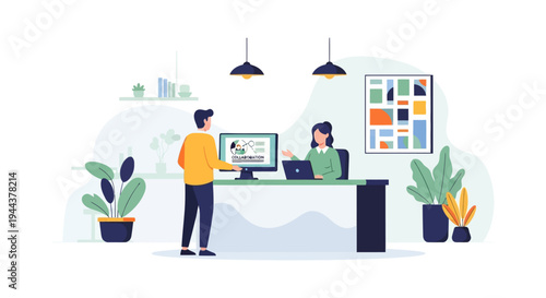 Teamwork and Collaboration in Modern Office Setting - Flat Design Business Illustration