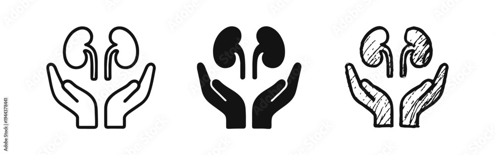 Obraz premium Hands Holding Kidneys Icons Set - Organ Donation and Health Care Symbol Collection