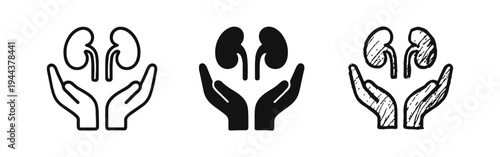 Hands Holding Kidneys Icons Set - Organ Donation and Health Care Symbol Collection