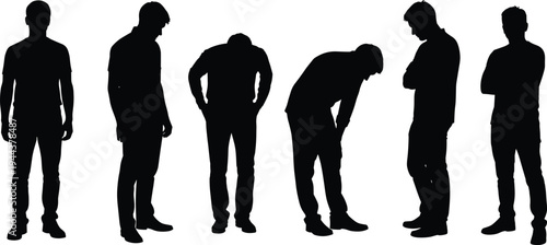 Male people silhouettes showing different tired and thinking standing poses isolated on white background human posture collection