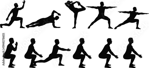 Yoga and fitness exercise silhouettes set, man performing stretching, balance and squat workout poses isolated on white background