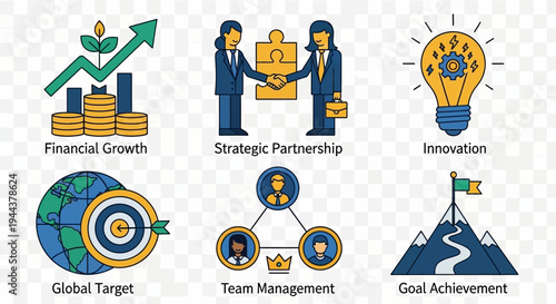 Business success elements including growth, partnership, and innovation
