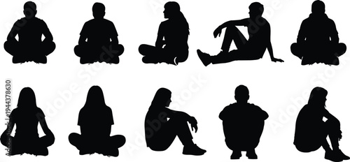 People sitting on ground silhouettes collection with men and women in relaxed cross legged poses isolated on white background