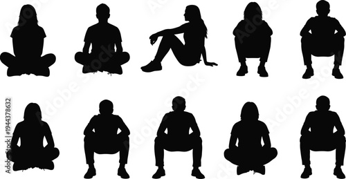 People sitting on ground silhouettes set with men and women in relaxed cross legged poses isolated on white background