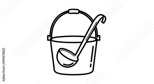 Hand-drawn bucket with ladle icon, simple black and white line art for cooking and household tasks.