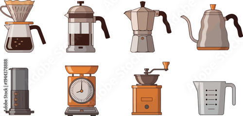 A collection of traditional coffee brewing and preparation equipment illustrated Vector